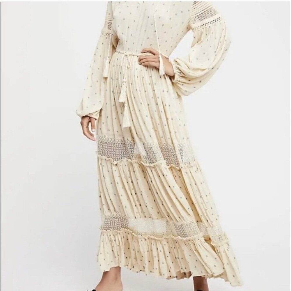 Free People Sada Ivory Maxi Dress Long-Sleeved Tiered Boho CottageCore Sz M - Picture 3 of 16